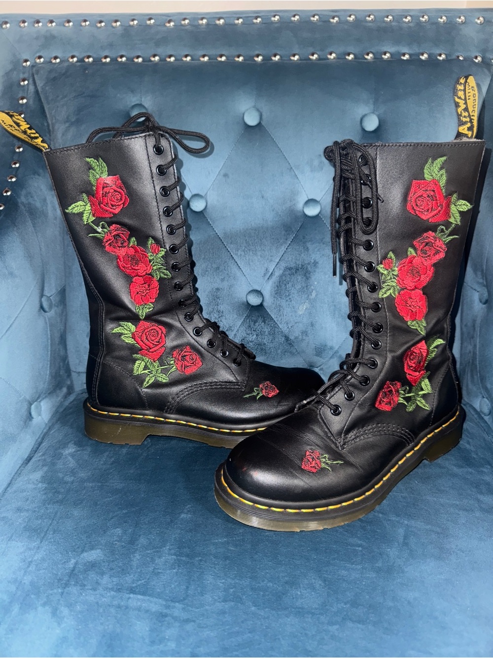 Dr. Martens Black Leather Lace-Up Boots with Red Rose Embroidery